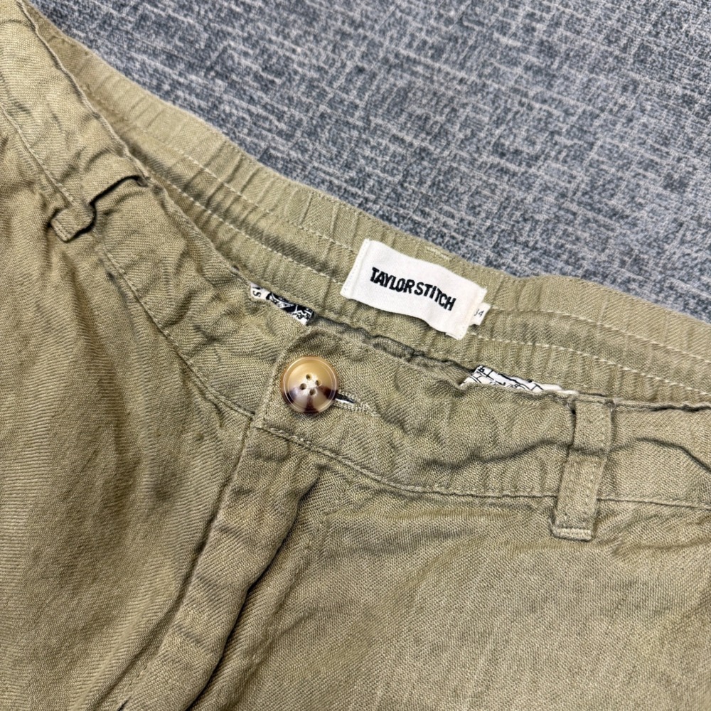 Taylor Stitch Shorts Mens 34 Olive Green 100% Linen Drawstring San Francisco Map